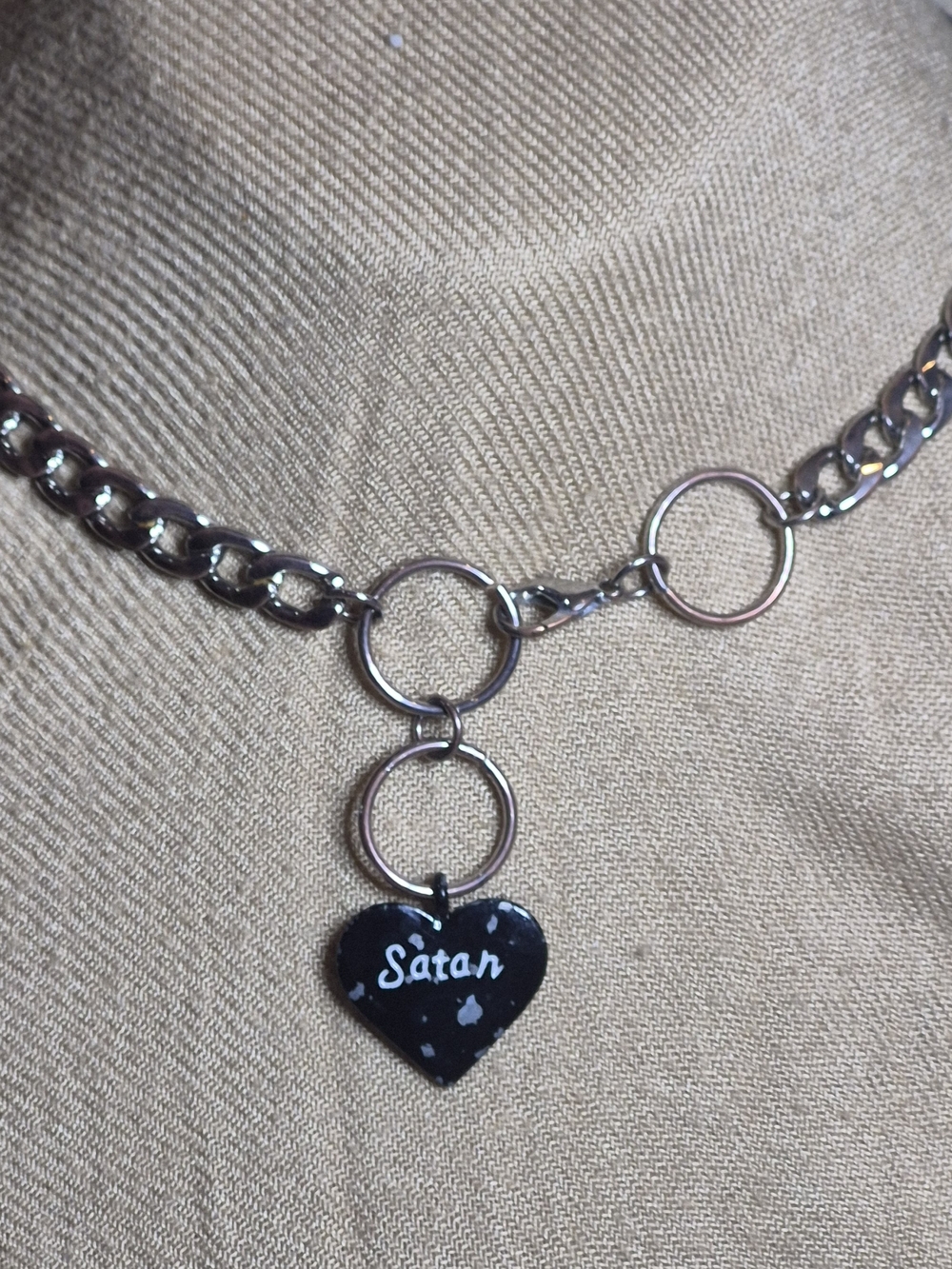 Chunky Curb Chain Black Heart Satan Pendant Choker Necklace